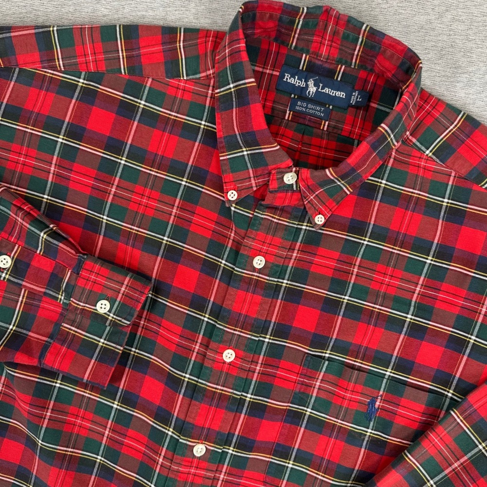 Vintage Polo Ralph Lauren The Big Shirt Mens Large Green Red Dunmore Plaid 90s